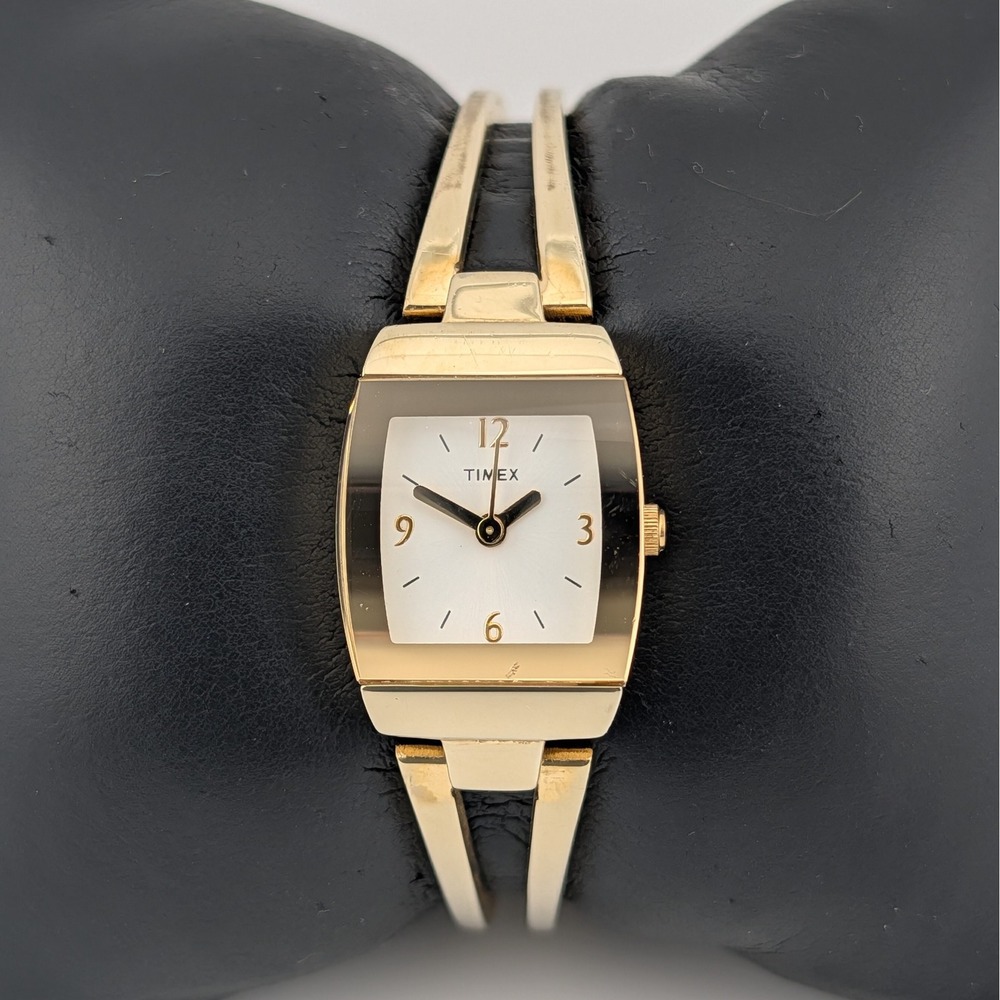 Timex Gold Tone Petite Bangle Cuff Watch White Dial Dress Watch Y2K